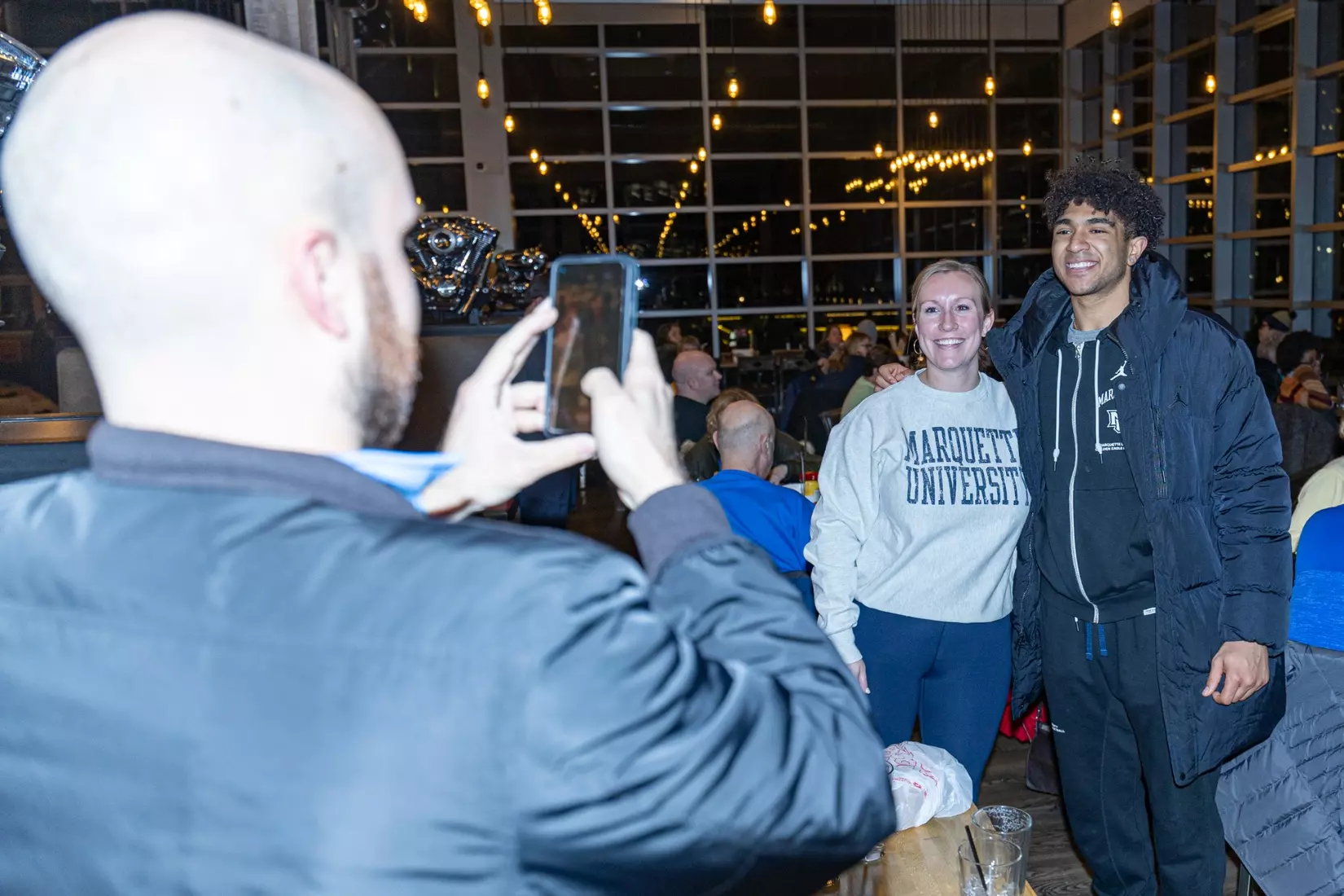 Marquette Basketball head coach Shaka Smart and No . 4 Stevie Mitchell appear on ESPN Milwaukee's radio show at Motor Bar & Restaurant at the Harley Davidson Museum on Thursday January 11, 2024 in Milwaukee, WI.