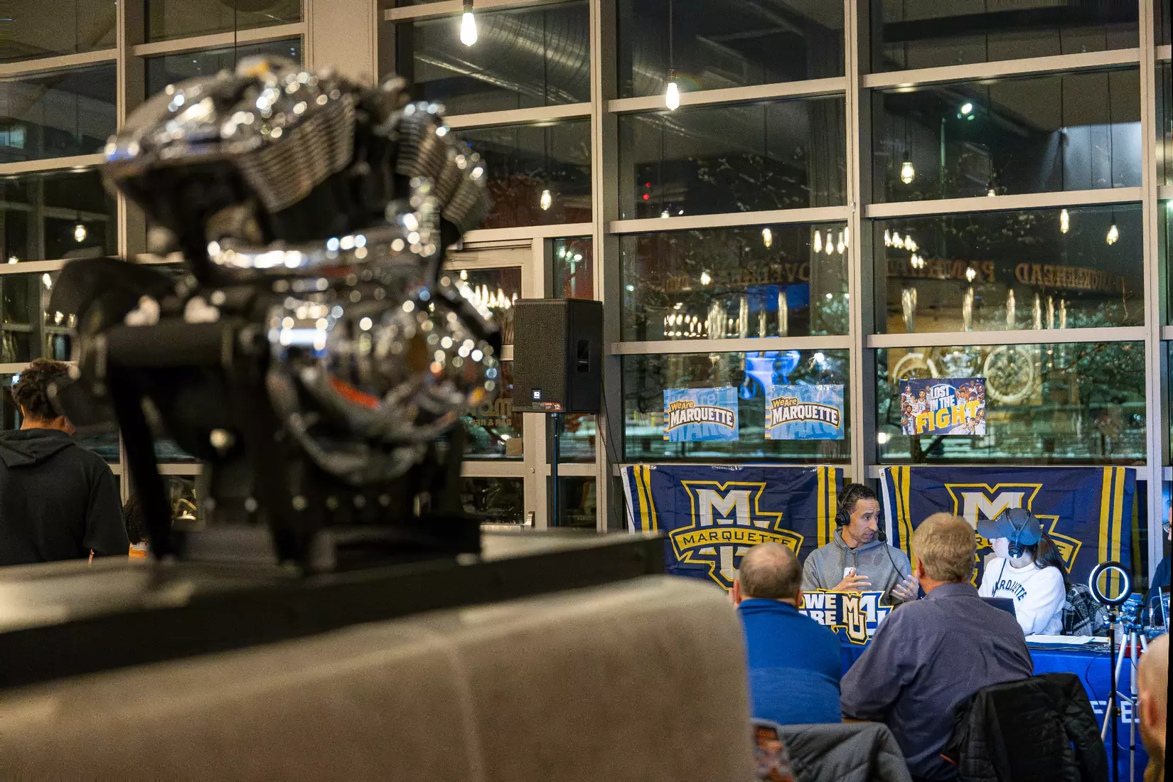 Marquette Basketball head coach Shaka Smart and No . 4 Stevie Mitchell appear on ESPN Milwaukee's radio show at Motor Bar & Restaurant at the Harley Davidson Museum on Thursday January 11, 2024 in Milwaukee, WI.
