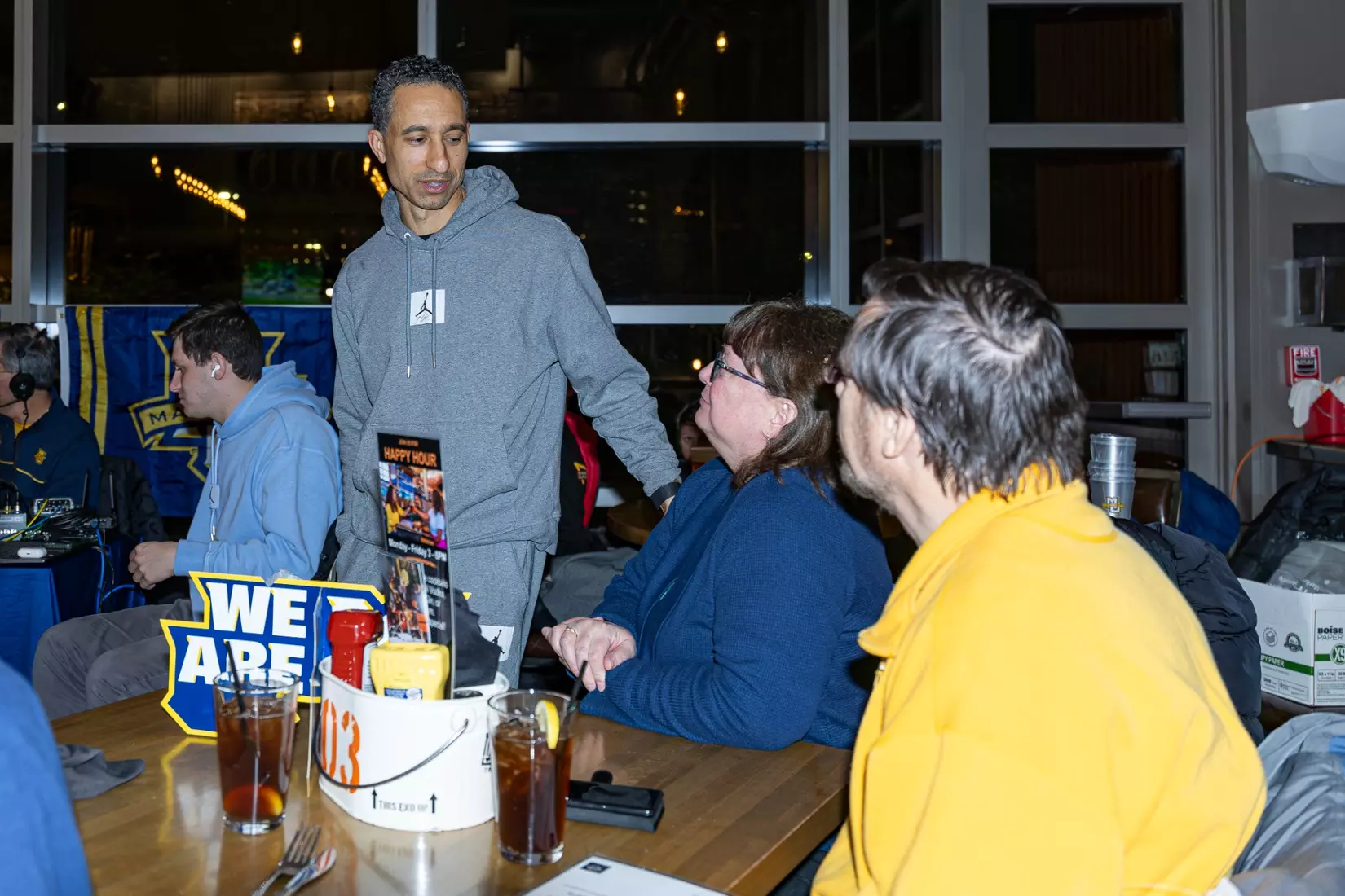 Marquette Basketball head coach Shaka Smart and No . 4 Stevie Mitchell appear on ESPN Milwaukee's radio show at Motor Bar & Restaurant at the Harley Davidson Museum on Thursday January 11, 2024 in Milwaukee, WI.