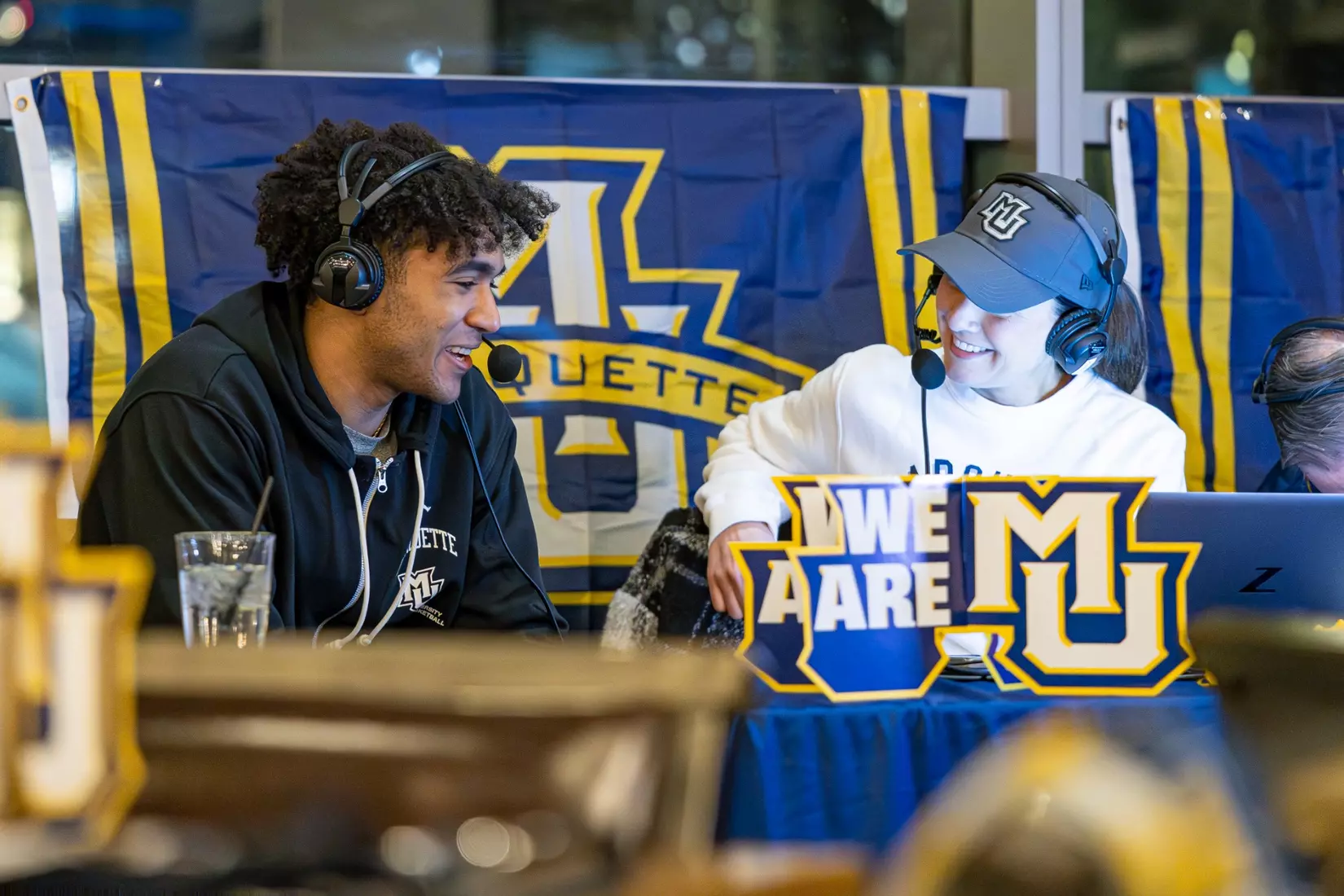 Marquette Basketball head coach Shaka Smart and No . 4 Stevie Mitchell appear on ESPN Milwaukee's radio show at Motor Bar & Restaurant at the Harley Davidson Museum on Thursday January 11, 2024 in Milwaukee, WI.