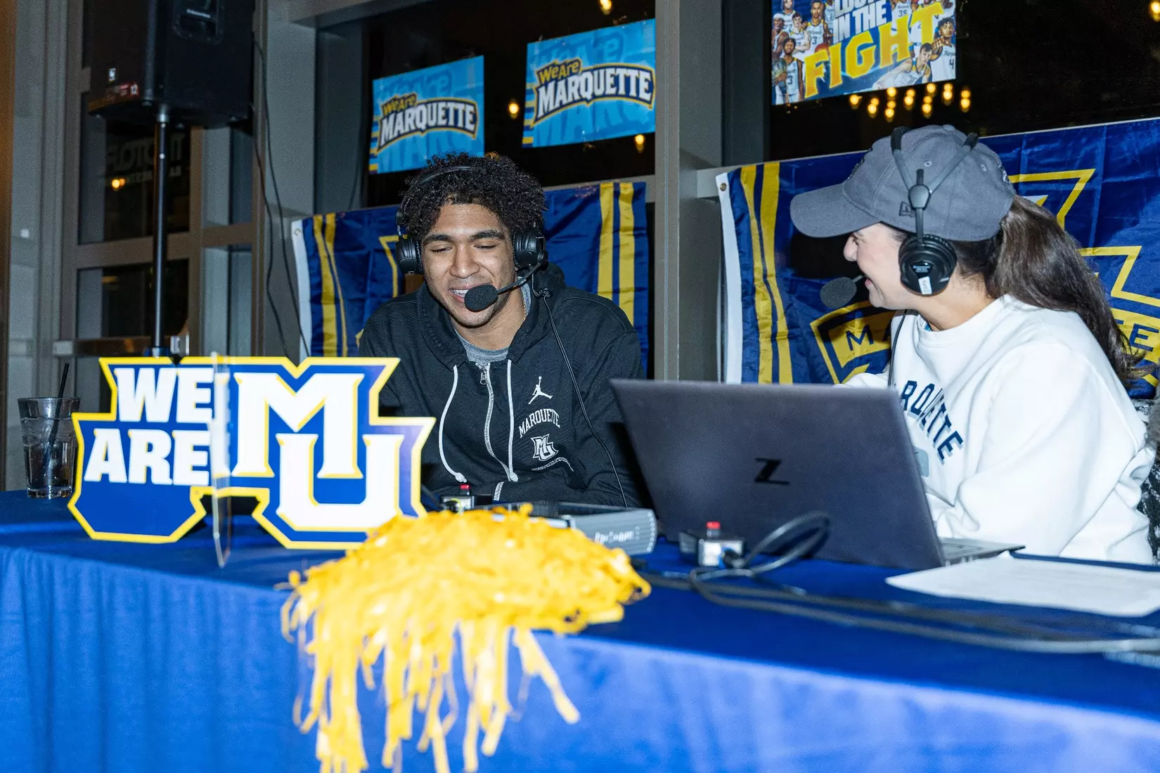 Marquette Basketball head coach Shaka Smart and No . 4 Stevie Mitchell appear on ESPN Milwaukee's radio show at Motor Bar & Restaurant at the Harley Davidson Museum on Thursday January 11, 2024 in Milwaukee, WI.
