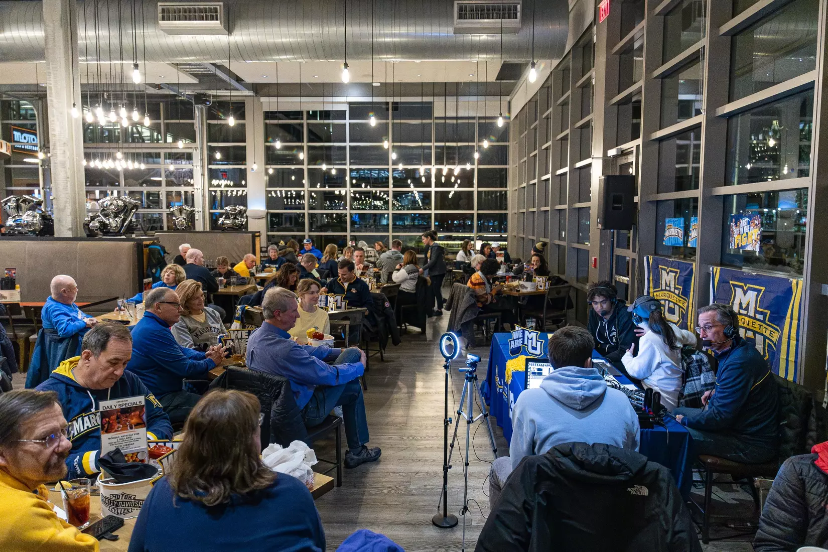 Marquette Basketball head coach Shaka Smart and No . 4 Stevie Mitchell appear on ESPN Milwaukee's radio show at Motor Bar & Restaurant at the Harley Davidson Museum on Thursday January 11, 2024 in Milwaukee, WI.