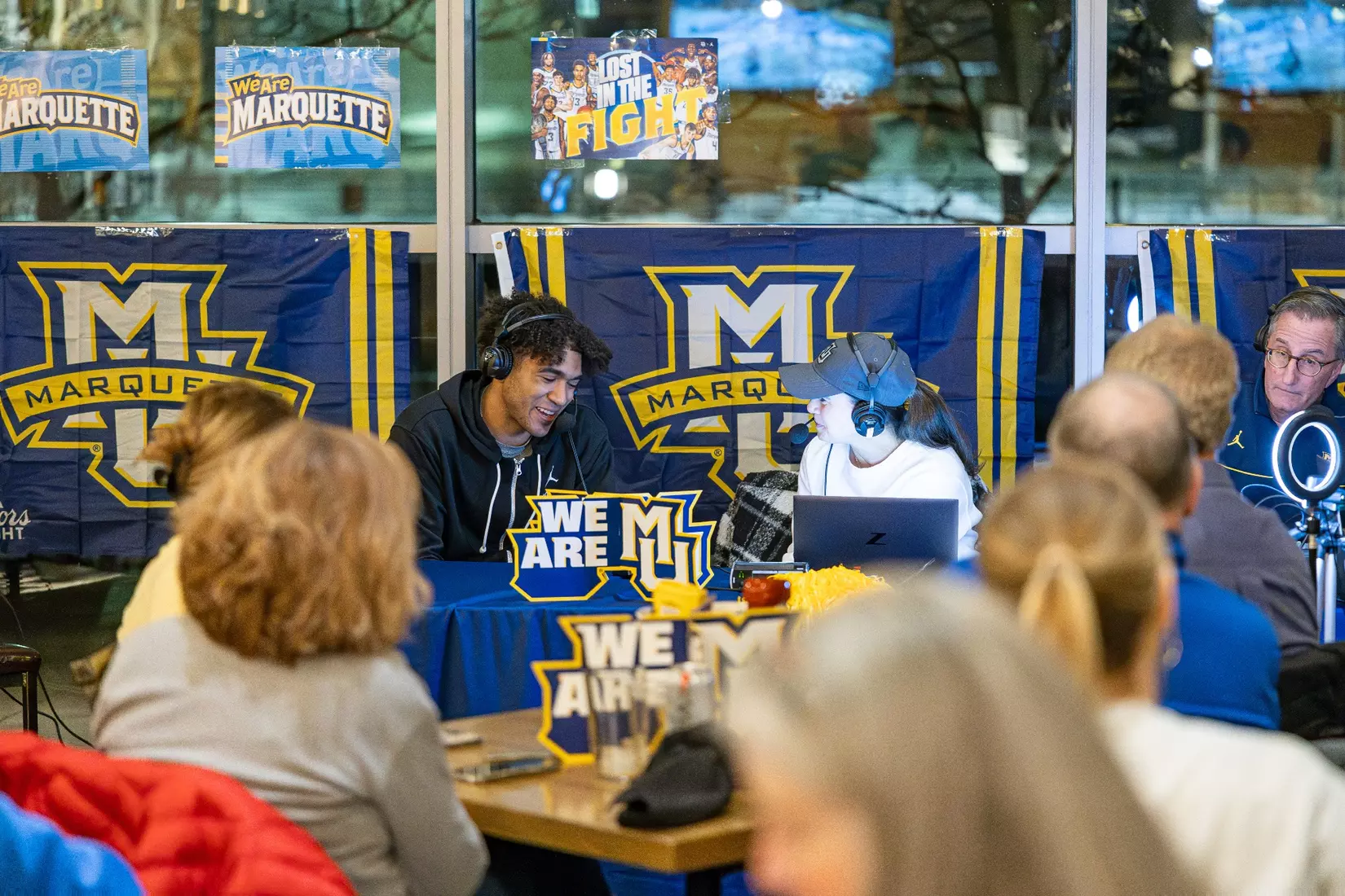 Marquette Basketball head coach Shaka Smart and No . 4 Stevie Mitchell appear on ESPN Milwaukee's radio show at Motor Bar & Restaurant at the Harley Davidson Museum on Thursday January 11, 2024 in Milwaukee, WI.