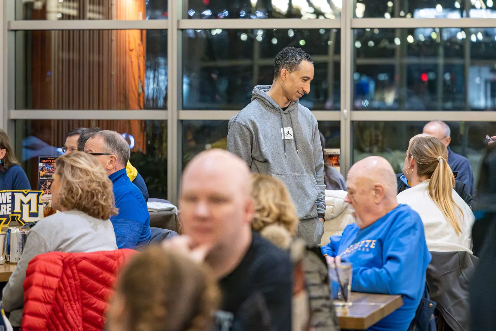 Marquette Basketball head coach Shaka Smart and No . 4 Stevie Mitchell appear on ESPN Milwaukee's radio show at Motor Bar & Restaurant at the Harley Davidson Museum on Thursday January 11, 2024 in Milwaukee, WI.