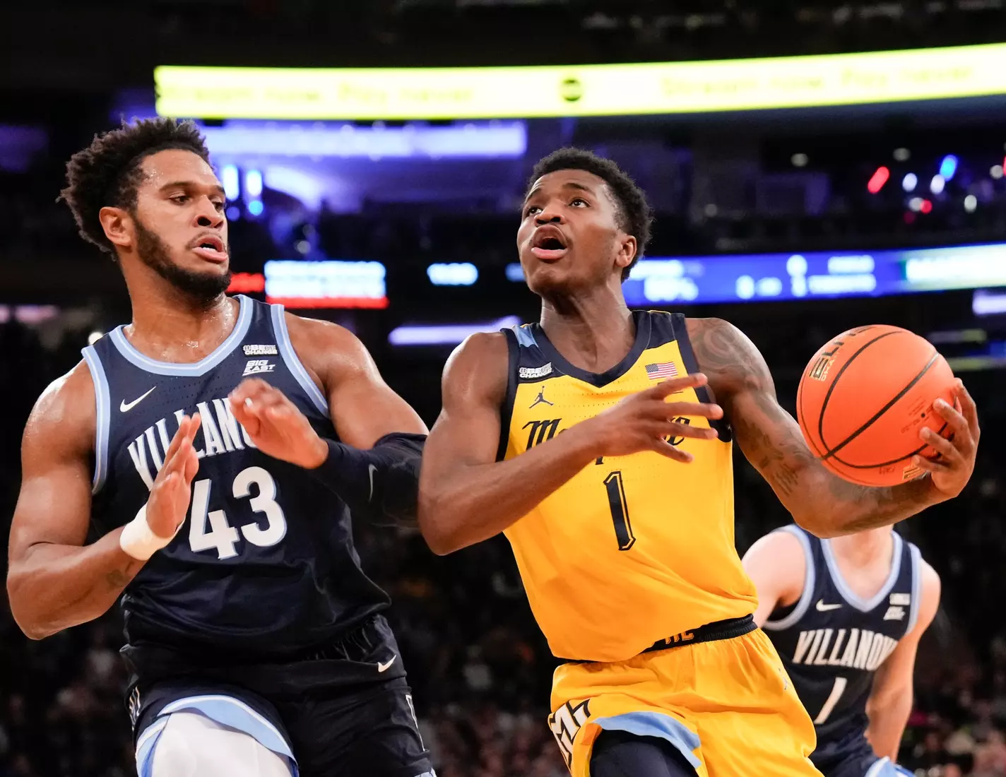 No. 10 Marquette Basketball defeats Villanova Wildcats 71-65 at Madison Square Garden on Thursday March 14, 2024 in New York, New York.