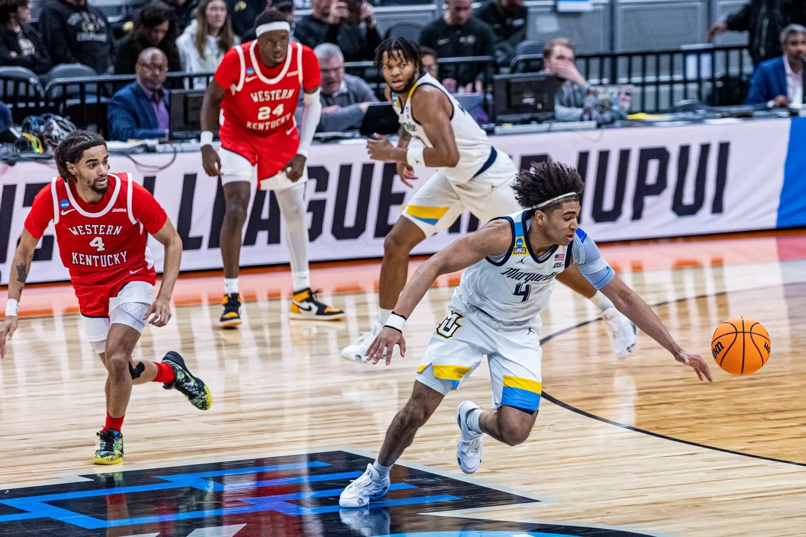 No. 2 seed Marquette Basketball defeats No. 15 seed Western Kentucky 87-69 at Gainbridge Fieldhouse in the NCAA Tournament on Friday March 22, 2024 in Indianapolis, Indiana.