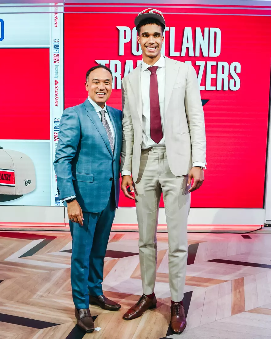 BROOKLYN, NY - JUNE 27: Osasere Ighodaro poses for a photo after being drafted by the Portland Trail Blazers during the 2024 NBA Draft - Round Two on June 27, 2024 at Barclays Center in Brooklyn, New York. NOTE TO USER: User expressly acknowledges and agrees that, by downloading and or using this photograph, User is consenting to the terms and conditions of the Getty Images License Agreement. Mandatory Copyright Notice: Copyright 2024 NBAE (Photo by Jeff Haynes/NBAE via Getty Images)