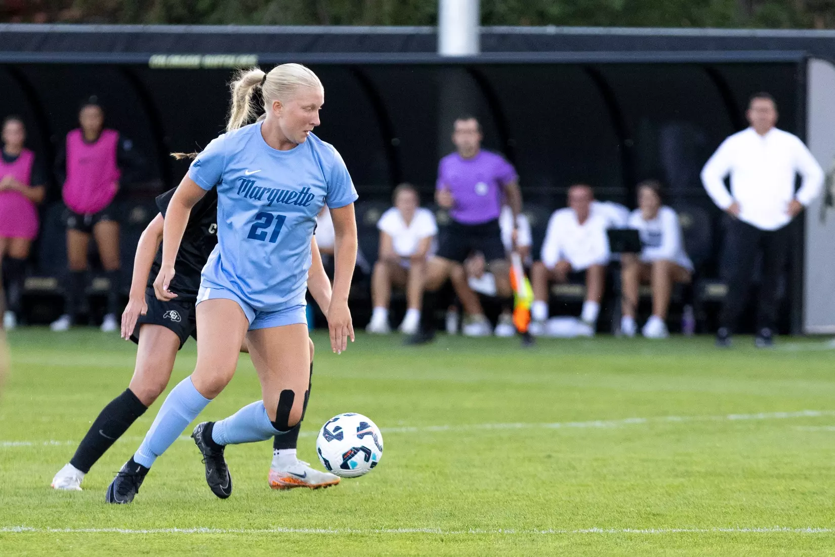 August 15, 2024, Boulder, Colorado: Marquette women’s soccer team take on CU Boulder at Prentup Field in Boulder, Colorado on Thursday, August 15, 2024.  
(Photo by Rachel O’Driscoll)