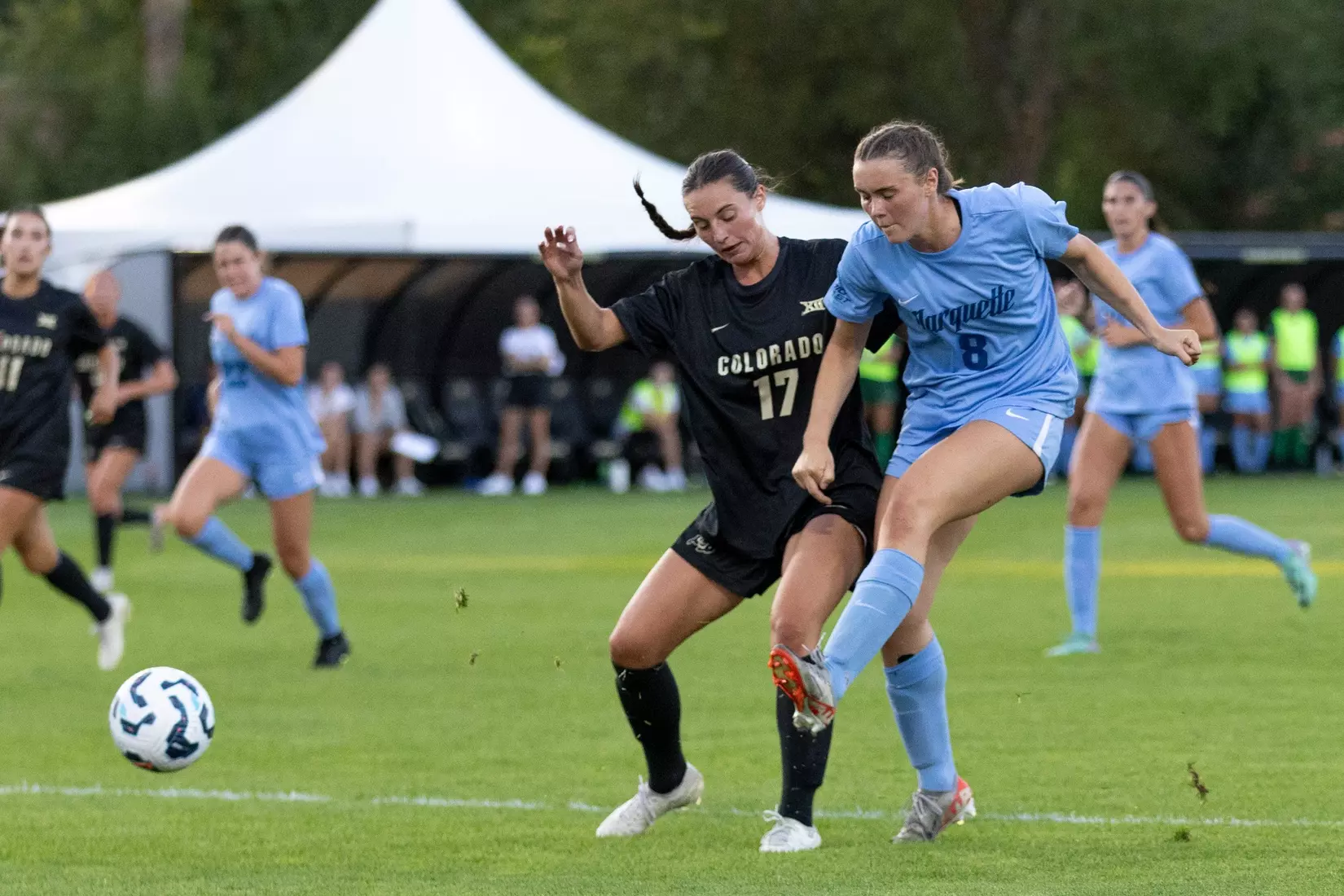 August 15, 2024, Boulder, Colorado: Marquette women’s soccer team take on CU Boulder at Prentup Field in Boulder, Colorado on Thursday, August 15, 2024.  
(Photo by Rachel O’Driscoll)