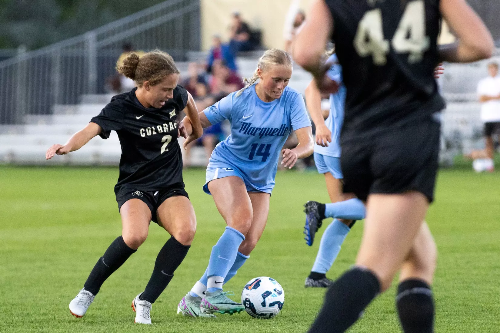August 15, 2024, Boulder, Colorado: Marquette women’s soccer team take on CU Boulder at Prentup Field in Boulder, Colorado on Thursday, August 15, 2024.  
(Photo by Rachel O’Driscoll)