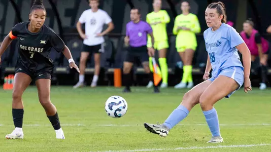 20240815, blue uniform, Capri Oliviero
August 15, 2024, Boulder, Colorado: Marquette women’s soccer team take on CU Boulder at Prentup Field in Boulder, Colorado on Thursday, August 15, 2024.  .(Photo by Rachel O’Driscoll/Marquette University)