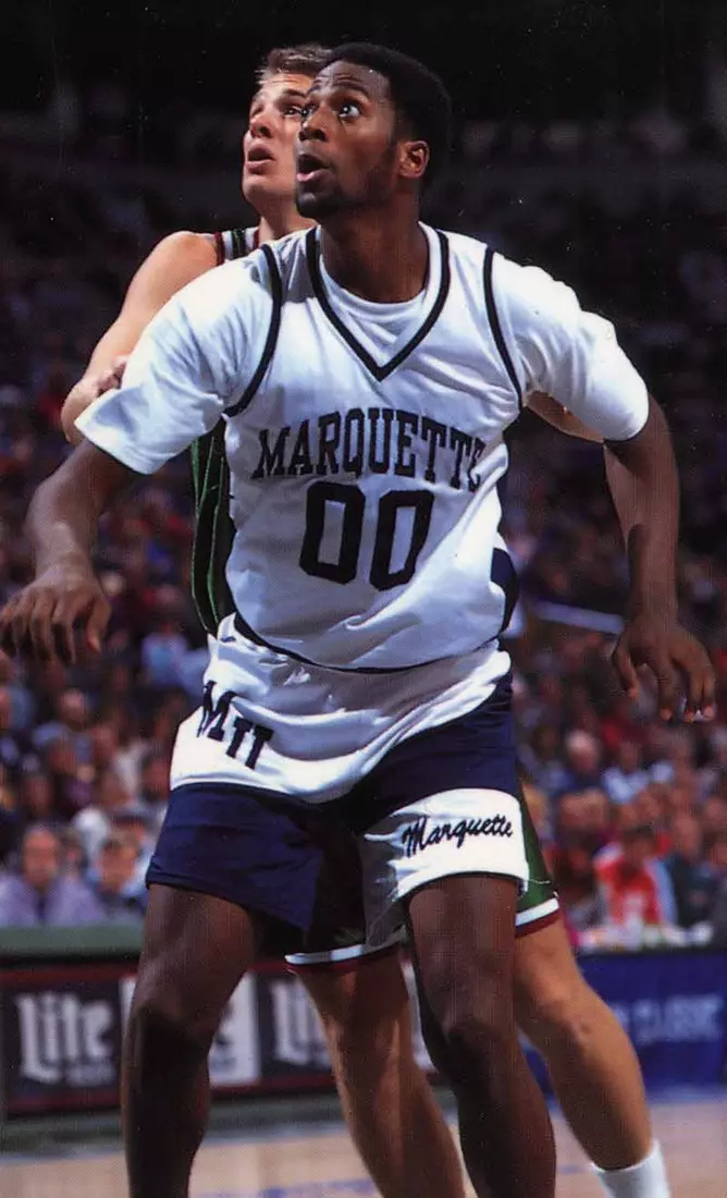 Marquette University men's basketball player Amal McCaskill in a game against UW-Green Bay, 1992-1996.
