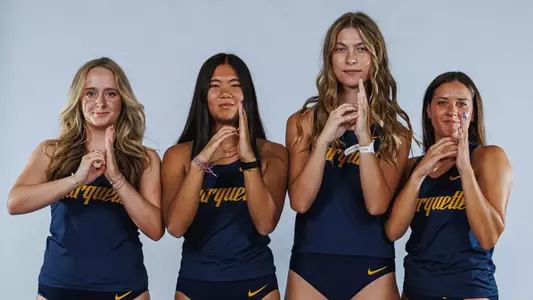 Daylee Braden, Olivia Campbell, Vanessa Henderson, Lindsey Andrae
Marquette Cross Country poses for media day pictures in the Al McGuire Center in Milwaukee, WI on August 21st, 2025.