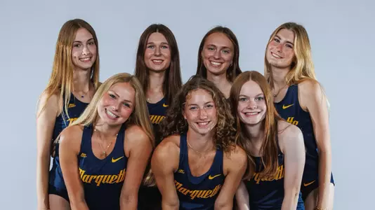 Taya Gummerson, Ryleigh Ervin, Paige Haglund, Kaylie Earl, Elise Fischer, Brynn Miller, Allison Opalka
Marquette Cross Country poses for media day pictures in the Al McGuire Center in Milwaukee, WI on August 21st, 2025.