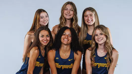 Emma Coon, Alexa Overstreet, Mia Nutile, Maggie Jortberg, Lindsey Andrae, Ava Thomas
Marquette Cross Country poses for media day pictures in the Al McGuire Center in Milwaukee, WI on August 21st, 2025.