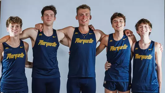 Brady Nelson, Charlie McCurdy, Charlie Richardson, Logan Goodman, Nicholas Parrell
Marquette Cross Country poses for media day pictures in the Al McGuire Center in Milwaukee, WI on August 21st, 2025.