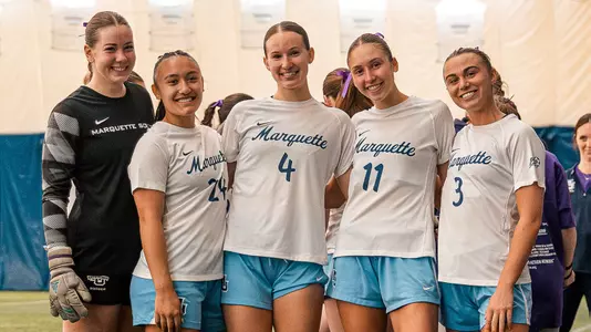 3 Molly Keiper, 11 Paige Dziedzic, 4 Carly Christopher, 24 Megan Murray, 1 Elise Krone
Marquette Womens Soccer scrimmages Wisconsin on April 26th, 2025 at Valley Fields in Milwaukee, WI.