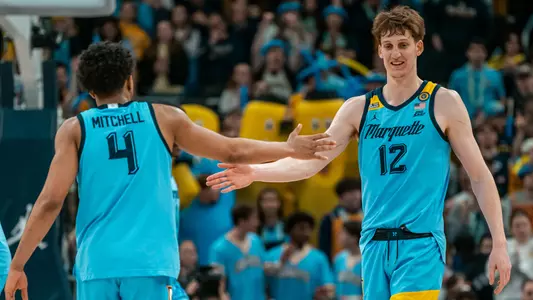 4 Stevie Mitchell, 12 Ben Gold
#20 Marquette Men's Basketball falls to #6 St.Johns 86-84  on Saturday, March 8th, 2025 at Fiserv Forum in Milwaukee, WI.