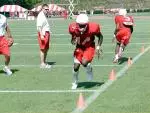 Sophomore receiver Dovonte Edwards shows fancy footwork on an agility drill.