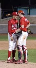 Righthanded pitcher Vern Sterry and catcher Colt Morton meet on the mound during NC State's series win over Florida State. Sterry will start for the Wolfpack on Sunday at Duke, and Morton will be behind the dish.