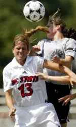 Senior Erin Griswold goes up for a header against VCU in the 2-0 win on Saturday.