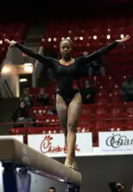 Freshman Kelsey Lee was cited by the coaches for her strong effort on bars in the Hearts Invite.