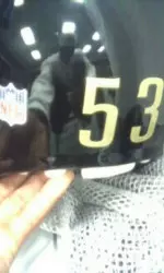 Patrick Thomas shows off his new Jacksonville helmet.