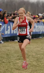 Laura Hoer became the 10th NC State freshman to earn All-America honors with her performance Monday at the NCAA Championships. (photo by Cheryl Treworgy)