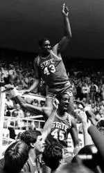 Lorenzo Charles, celebrating NC State's win over Virginia in the 1983 West Region finals in Ogden, Utah.