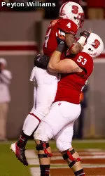 Tobias Palmer celebrates a touchdown with teammate Camden Wentz.