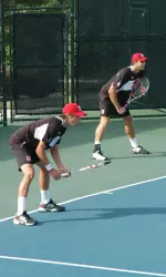 Senior Sean Weber and junior Robbie Mudge compete in the doubles final at ITA Carolina Regionals