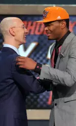 T.J. Warren with NBA commissioner Adam Silver after he was picked 14th overall in the NBA Draft.