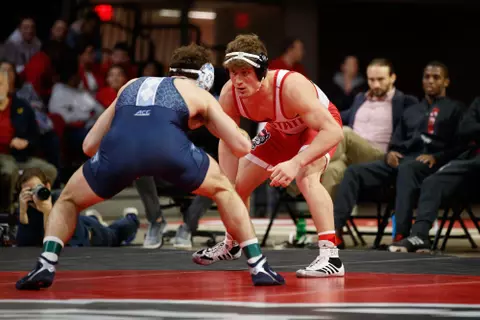 2020 February 07: North Carolina Tar Heels wrestling at the North Carolina State Wolfpack at Reynolds Coliseum in Raleigh, NC. The Wolfpack won 19-14.184: #3 Trent Hidlay (NCSU) major dec. Joey Mazzara; 13-5