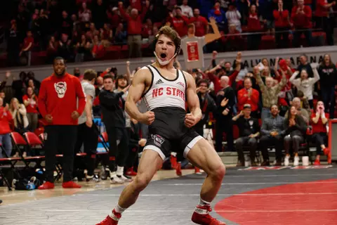 2020 February 14: North Carolina State Wolfpack wrestling hosts the Virginia Tech Hokies at Reynolds Coliseum in Raleigh, NC. The Wolfpack won 21-18.133: #28 Jarrett Trombley (NCSU) fall #22 Collin Gerardi; 0:44
