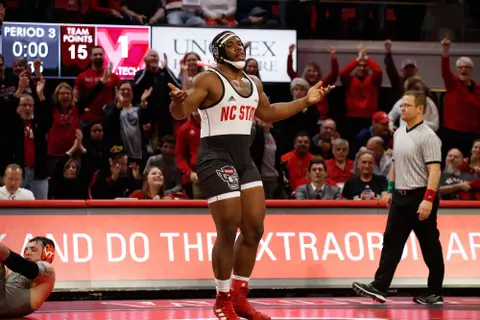 2020 February 14: North Carolina State Wolfpack wrestling hosts the Virginia Tech Hokies at Reynolds Coliseum in Raleigh, NC. The Wolfpack won 21-18.285: #26 Deonte Wilson (NCSU) dec. #18 John Borst; 3-1
