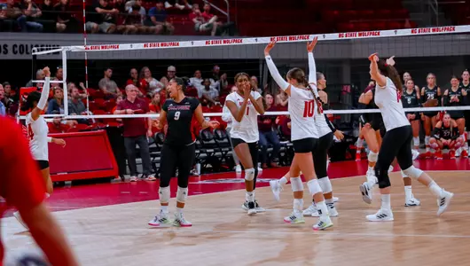 Volleyball celebrates after a point in set one against VT 9/27/24