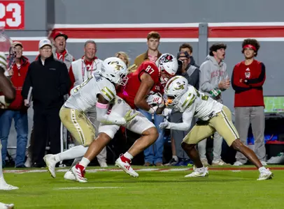 NC State Wolfpack tight end DANTE DANIELS (87) catches a pass during first half of the Atlantic Coast Conference (ACC) football game between the Georgia Tech Yellow Jackets and the NC State Wolfpack on November 1st, 2025 at Carter-Finley Stadium in Raleigh, NC. The Wolfpack defeated the Yellow Jackets 48 - 36.