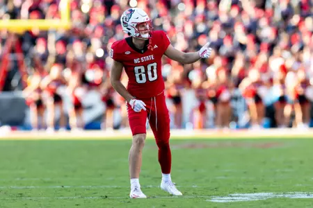 North Carolina State Wolfpack wide receiver ETHAN DOWDY (80) in action during the second half of the non-conference football game between the Coastal Athletic Association (CAA) Campbell Fighting Camels and the Atlantic Coast Conference (ACC) NC State Wolfpack on October 4th, 2025 at Carter-Finley Stadium in Raleigh, NC. The Wolfpack defeated the Fighting Camels 56:10.