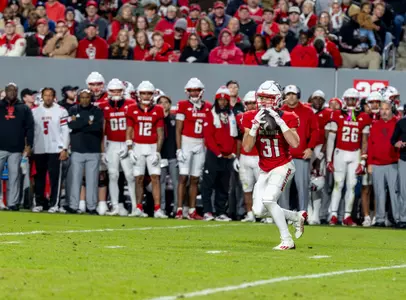NC State Wolfpack running back COLESON FIELDS (31) catches a pass and runs for additional yards during first half of the Atlantic Coast Conference (ACC) football game between the Georgia Tech Yellow Jackets and the NC State Wolfpack on November 1st, 2025 at Carter-Finley Stadium in Raleigh, NC. The Wolfpack defeated the Yellow Jackets 48 - 36.