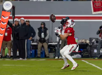 NC State Wolfpack running back COLESON FIELDS (31) fields a kick off during second half of the Atlantic Coast Conference (ACC) football game between the Georgia Tech Yellow Jackets and the NC State Wolfpack on November 1st, 2025 at Carter-Finley Stadium in Raleigh, NC. The Wolfpack defeated the Yellow Jackets 48 - 36.