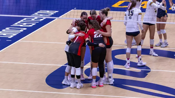 Volleyball huddle in set four at Cal 10/16/26