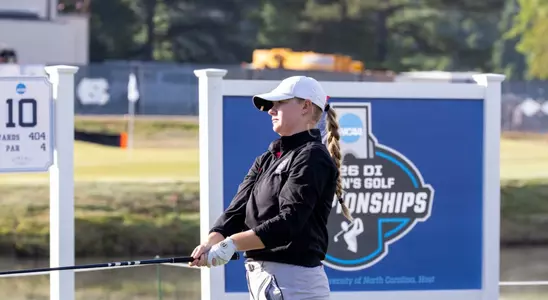 Lindsay McGrath of the NC State women's golf team tees off at the NCAA Chapel Hill Regional