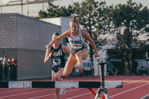 Angelina jumping over a steeple during the 2025 ACC Outdoor Championships