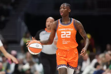 SEATTLE, WA - MAY 20: Saniya Rivers #22 of the Connecticut Sun dribbles the ball during the game against the Seattle Storm on May 20, 2026 at Climate Pledge Arena in Seattle, Washington. NOTE TO USER: User expressly acknowledges and agrees that, by downloading and or using this photograph, User is consenting to the terms and conditions of the Getty Images License Agreement. Mandatory Copyright Notice: Copyright 2026 NBAE (Photo by Scott Eklund/NBAE via Getty Images)