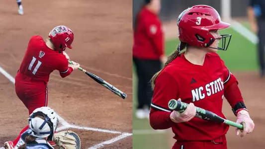 Lily Livingston and Morgen Talley hitting against UNC in April 2026