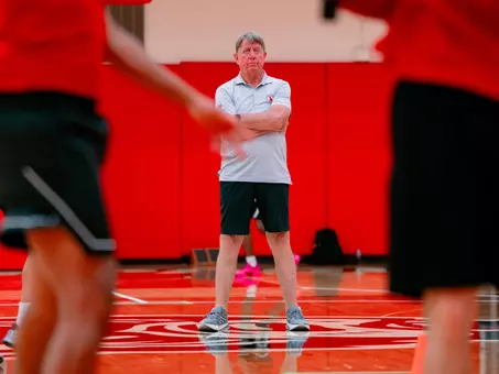 Wes Moore coaches practice for NC State women's basketball