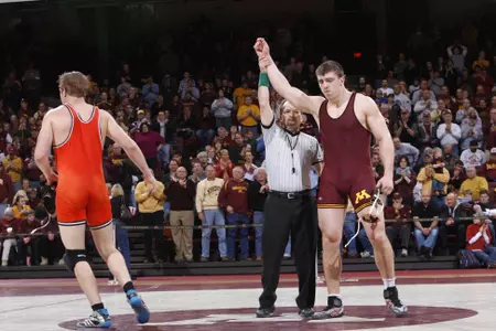 Tony Nelson pinned Roger Vukobratovich of Purdue in route to the Gophers 40-0 victory today.