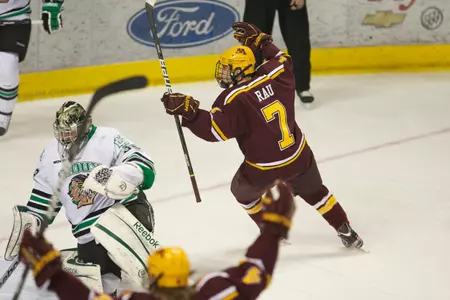 Kyle Rau scored twice for Minnesota.
