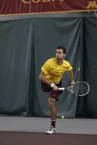 No. 48 Rok Bonin defeated No. 49 Anis Ghorbel at the first position by scores of 4-6, 6-2, 6-4 in the Gophers 4-3 loss to Drake.