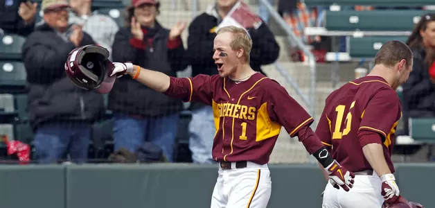 Tony Skjefte celebrates his first home run as a Gopher and first in the new Siebert Field